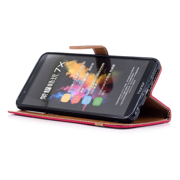 Two-color Jean Cloth PU Leather Wallet Stand Mobile Cover for Huawei Honor 7X - Red-5