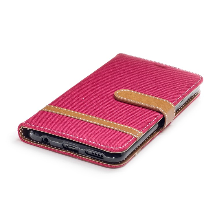 Two-color Jean Cloth PU Leather Wallet Stand Mobile Cover for Huawei Honor 7X - Red-6
