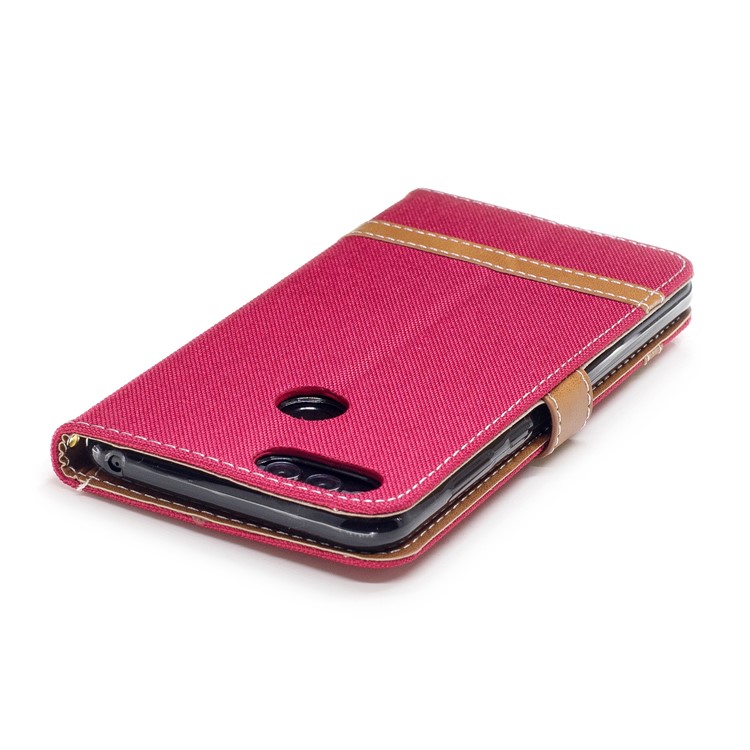 Two-color Jean Cloth PU Leather Wallet Stand Mobile Cover for Huawei Honor 7X - Red-7