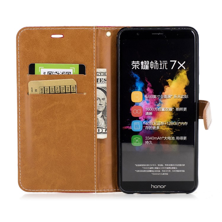 Two-color Jean Cloth PU Leather Wallet Stand Mobile Cover for Huawei Honor 7X - Red-8