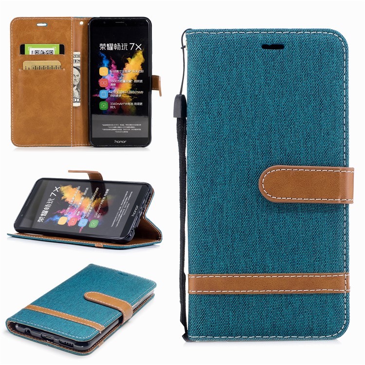 Two-tone Jean Cloth PU Leather Wallet Stand Mobile Casing for Huawei Honor 7X - Cyan-1