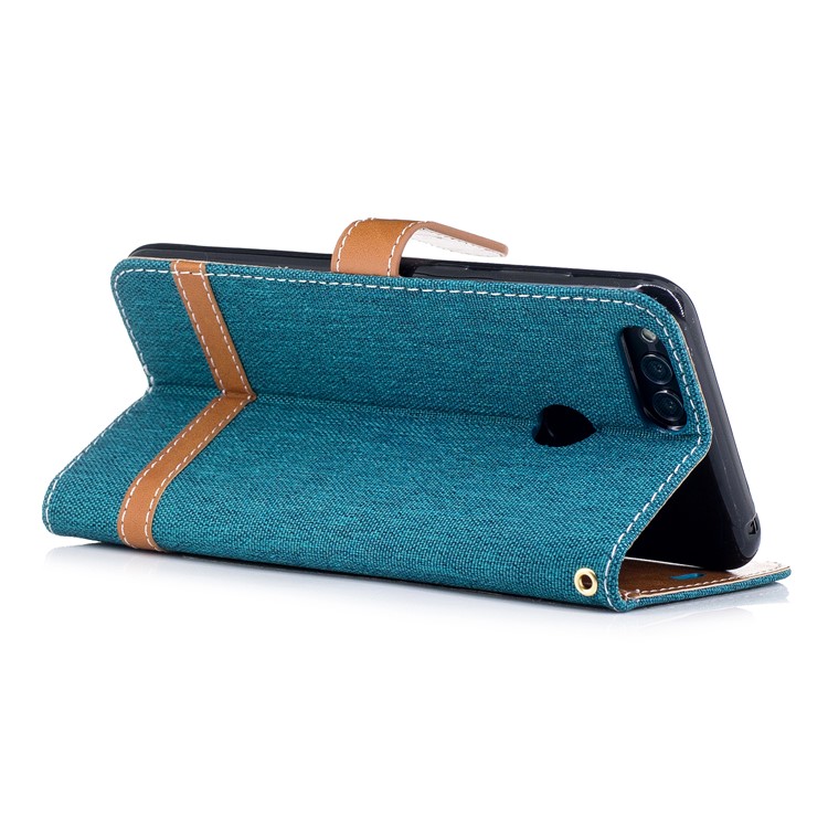 Two-tone Jean Cloth PU Leather Wallet Stand Mobile Casing for Huawei Honor 7X - Cyan-4