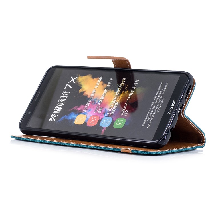 Two-tone Jean Cloth PU Leather Wallet Stand Mobile Casing for Huawei Honor 7X - Cyan-5