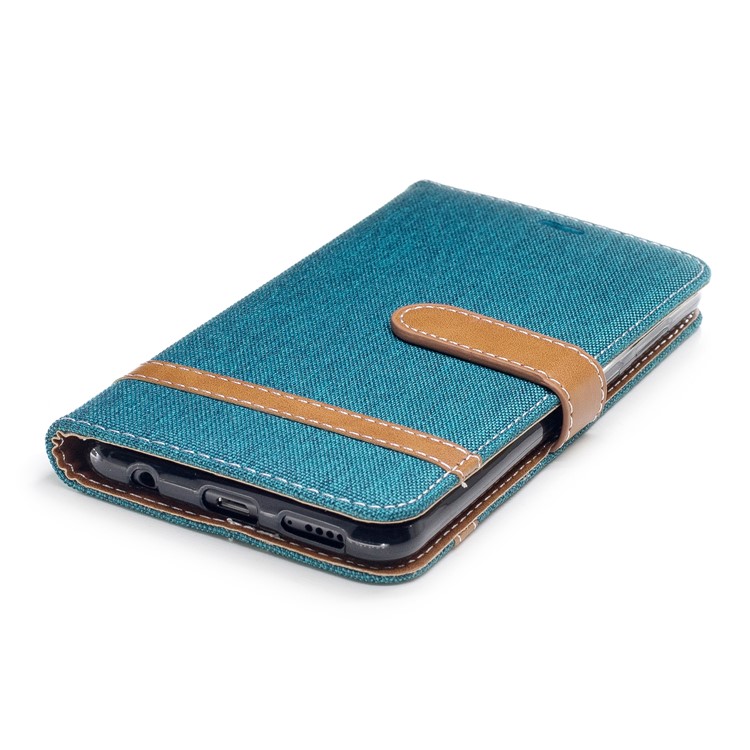 Two-tone Jean Cloth PU Leather Wallet Stand Mobile Casing for Huawei Honor 7X - Cyan-6