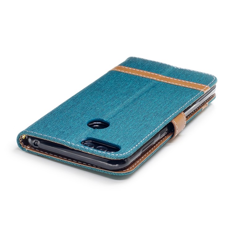 Two-tone Jean Cloth PU Leather Wallet Stand Mobile Casing for Huawei Honor 7X - Cyan-7
