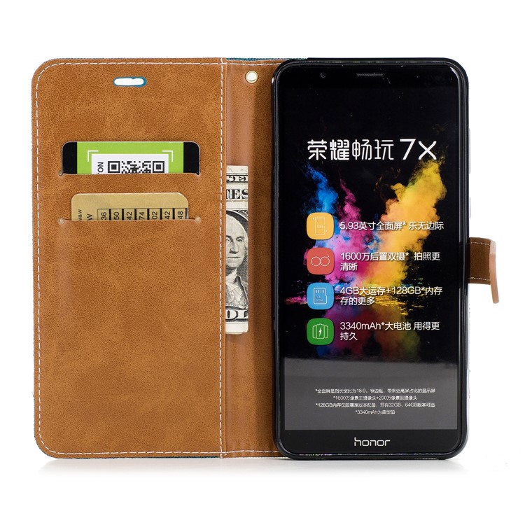 Two-tone Jean Cloth PU Leather Wallet Stand Mobile Casing for Huawei Honor 7X - Cyan-8