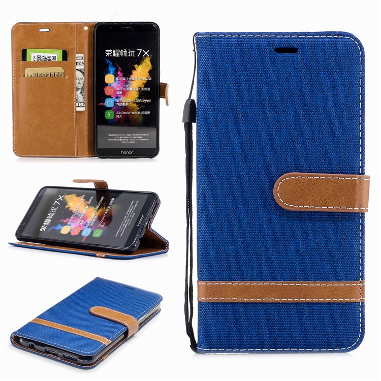 Two-tone Jean Cloth PU Leather Wallet Stand Cover for Huawei Honor 7X - Baby Blue-1