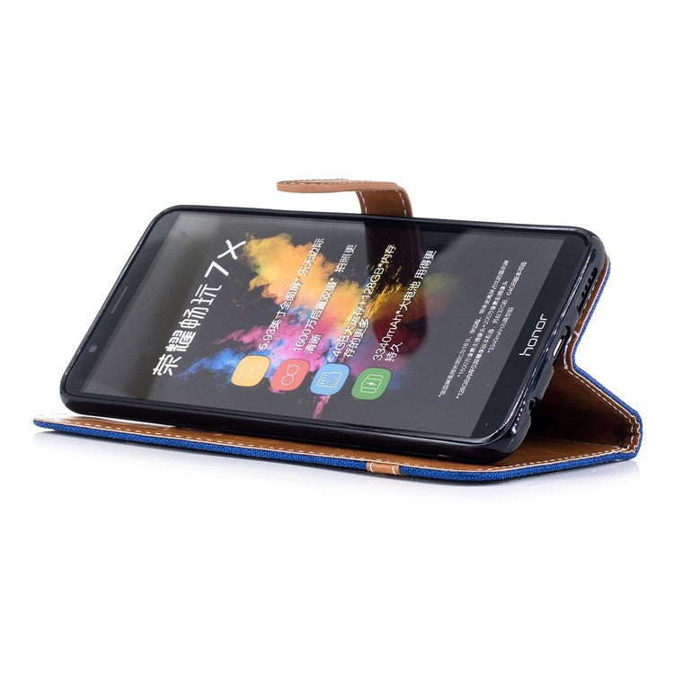Two-tone Jean Cloth PU Leather Wallet Stand Cover for Huawei Honor 7X - Baby Blue-5
