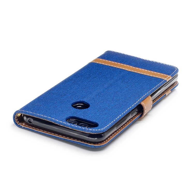 Two-tone Jean Cloth PU Leather Wallet Stand Cover for Huawei Honor 7X - Baby Blue-7