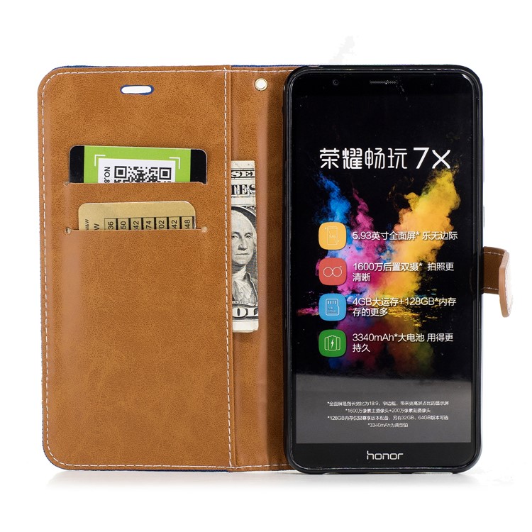 Two-tone Jean Cloth PU Leather Wallet Stand Cover for Huawei Honor 7X - Baby Blue-8