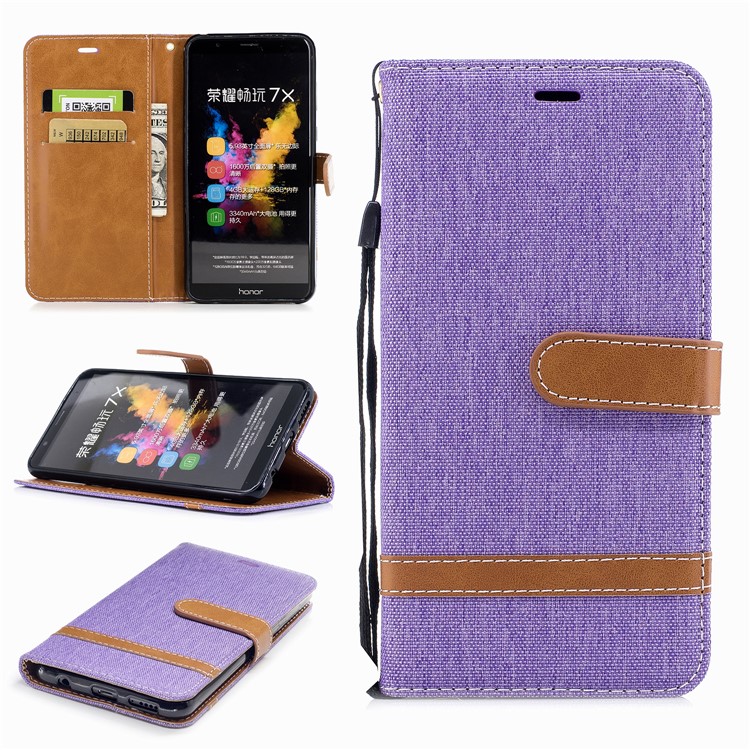 Two-tone Jean Cloth PU Leather Stand Wallet Case for Huawei Honor 7X - Purple-1