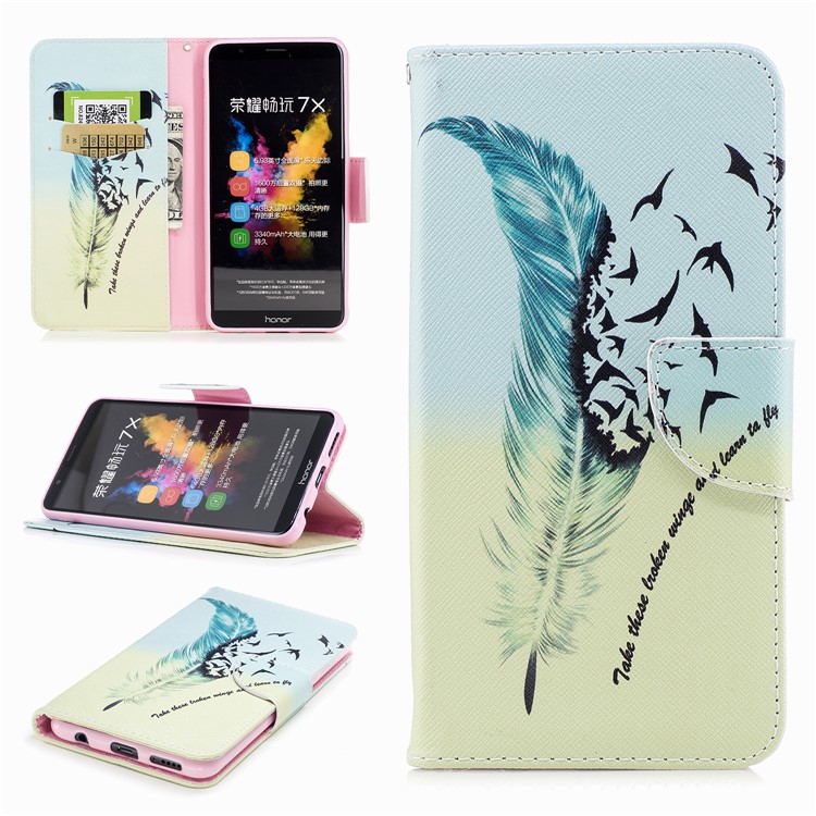 Pattern Printing PU Leather Wallet Stand Phone Case for Huawei Honor 7X - Feather and Birds-1
