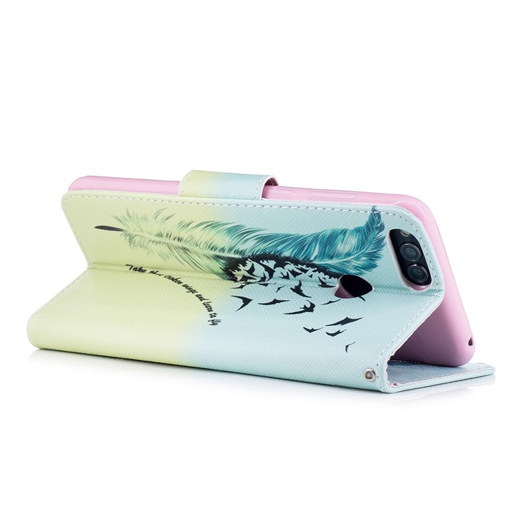 Pattern Printing PU Leather Wallet Stand Phone Case for Huawei Honor 7X - Feather and Birds-4
