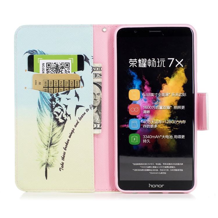 Pattern Printing PU Leather Wallet Stand Phone Case for Huawei Honor 7X - Feather and Birds-8