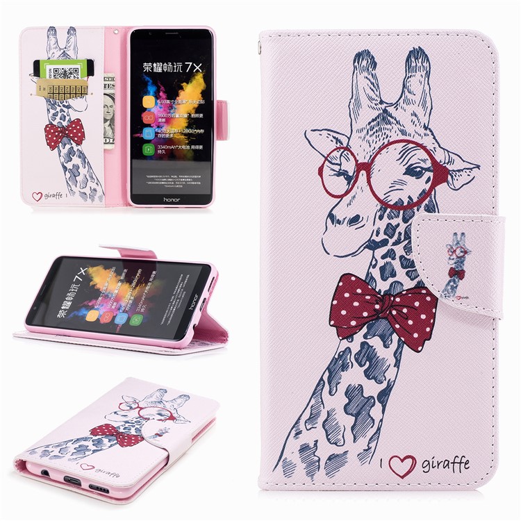 Pattern Printing PU Leather Wallet Stand Phone Cover for Huawei Honor 7X - Giraffe Wearing Glasses-1