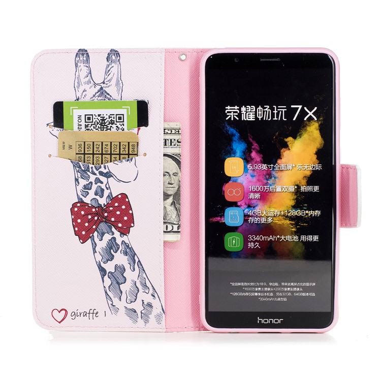 Pattern Printing PU Leather Wallet Stand Phone Cover for Huawei Honor 7X - Giraffe Wearing Glasses-8