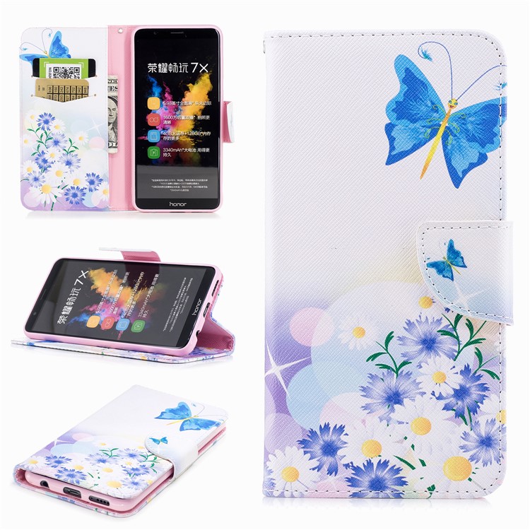 Pattern Printing PU Leather Wallet Stand Phone Shell for Huawei Honor 7X - Blue Butterfly and Daisy-1
