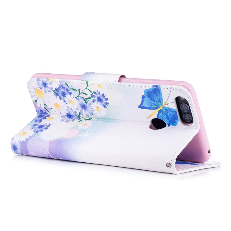 Pattern Printing PU Leather Wallet Stand Phone Shell for Huawei Honor 7X - Blue Butterfly and Daisy-4