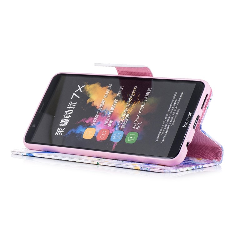 Pattern Printing PU Leather Wallet Stand Phone Shell for Huawei Honor 7X - Blue Butterfly and Daisy-5