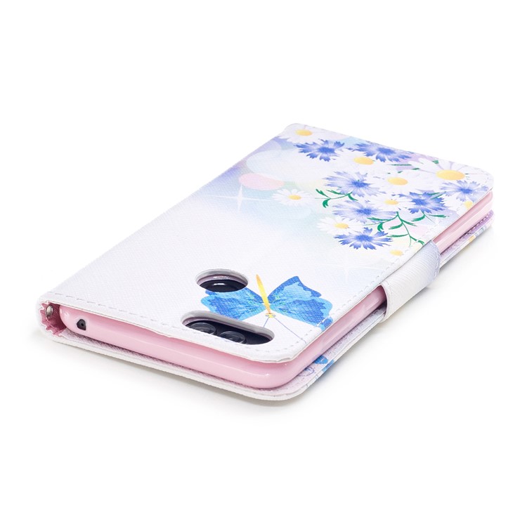 Pattern Printing PU Leather Wallet Stand Phone Shell for Huawei Honor 7X - Blue Butterfly and Daisy-7