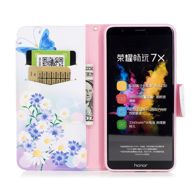 Pattern Printing PU Leather Wallet Stand Phone Shell for Huawei Honor 7X - Blue Butterfly and Daisy-8