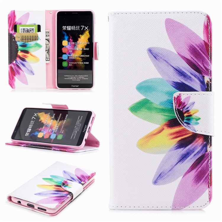 Pattern Printing PU Leather Wallet Stand Phone Casing for Huawei Honor 7X - Half Sunflower-1