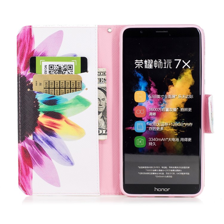 Pattern Printing PU Leather Wallet Stand Phone Casing for Huawei Honor 7X - Half Sunflower-8