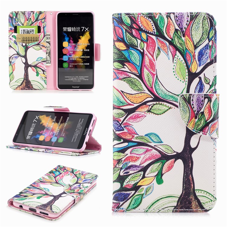 Pattern Printing PU Leather Wallet Stand Mobile Phone Case for Huawei Honor 7X - Tree with Colorful Leaves-1