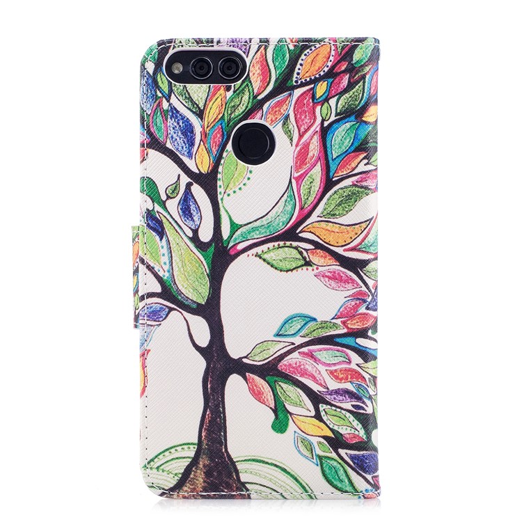 Pattern Printing PU Leather Wallet Stand Mobile Phone Case for Huawei Honor 7X - Tree with Colorful Leaves-3