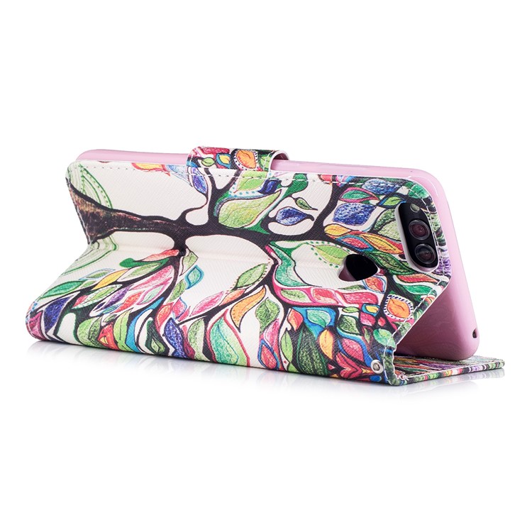 Pattern Printing PU Leather Wallet Stand Mobile Phone Case for Huawei Honor 7X - Tree with Colorful Leaves-4