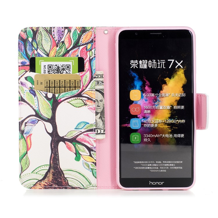 Pattern Printing PU Leather Wallet Stand Mobile Phone Case for Huawei Honor 7X - Tree with Colorful Leaves-8