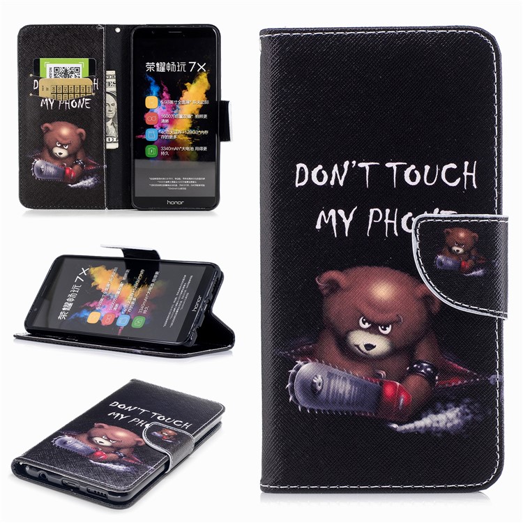 Pattern Printing PU Leather Wallet Stand Cell Phone Cover for Huawei Honor 7X - Bear with Saw-1