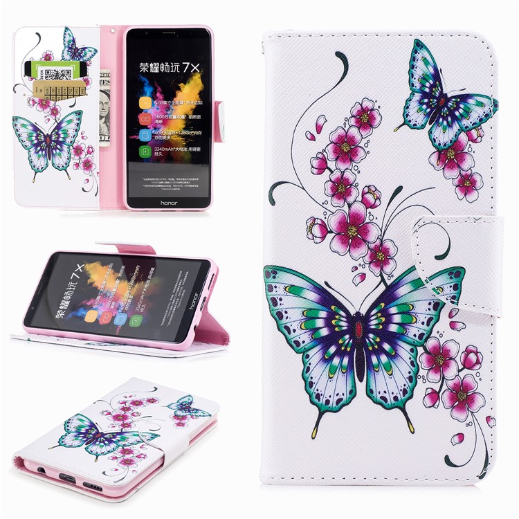 Pattern Printing Leather Wallet Case for Huawei Honor 7X - Butterfly and Flower-1