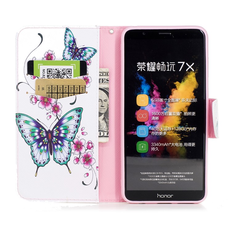 Pattern Printing Leather Wallet Case for Huawei Honor 7X - Butterfly and Flower-8