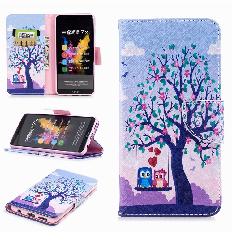 Pattern Printing Leather Wallet Cover for Huawei Honor 7X - Owl and Tree-1