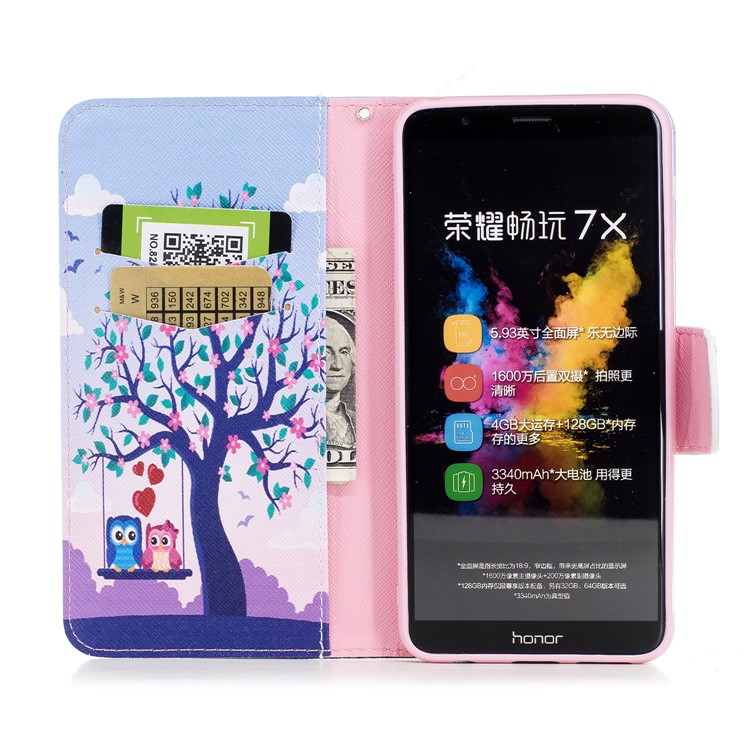 Pattern Printing Leather Wallet Cover for Huawei Honor 7X - Owl and Tree-8