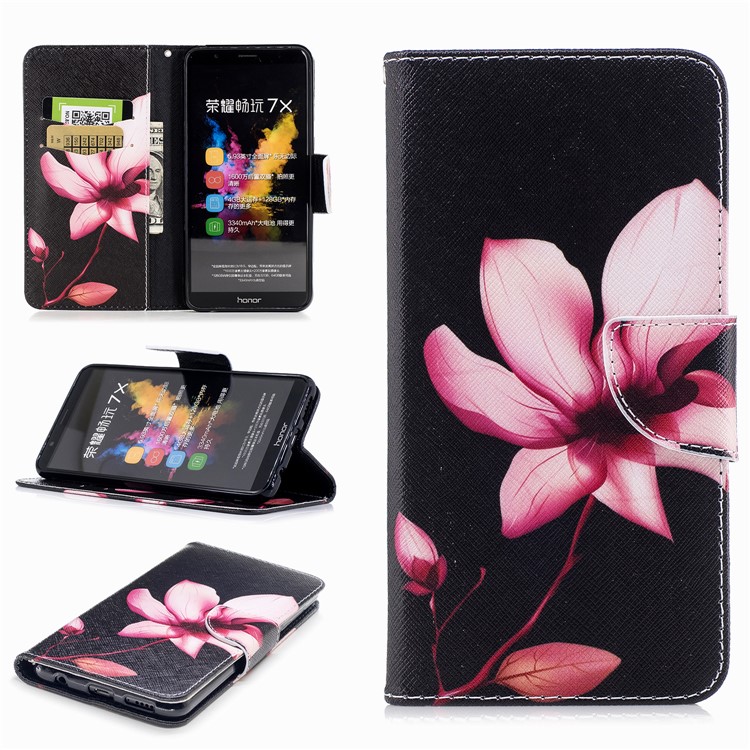Pattern Printing Cell Phone Leather Wallet Case for Huawei Honor 7X - Flower Pattern-1