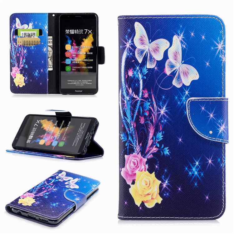 Pattern Printing Magnetic Leather Stand Cover for Huawei Honor 7X - Flora and Butterfly-1
