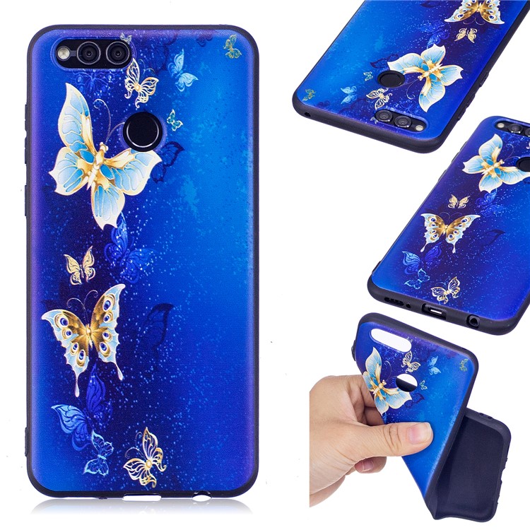 Soft Embossed Pattern Printing TPU Protective Mobile Phone Shell for Huawei Honor 7X - Blue and Gold Butterflies-1