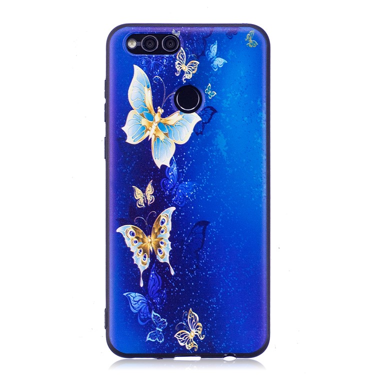 Soft Embossed Pattern Printing TPU Protective Mobile Phone Shell for Huawei Honor 7X - Blue and Gold Butterflies-2