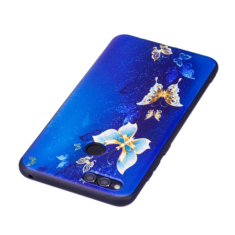 Soft Embossed Pattern Printing TPU Protective Mobile Phone Shell for Huawei Honor 7X - Blue and Gold Butterflies-4
