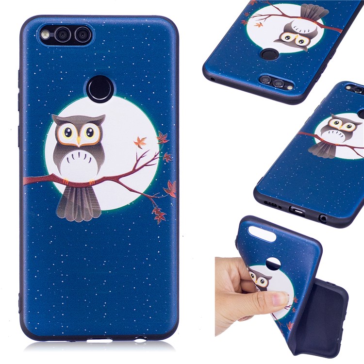 Soft Embossed Pattern Printing TPU Protective Back Casing for Huawei Honor 7X - Owl On Branch-1
