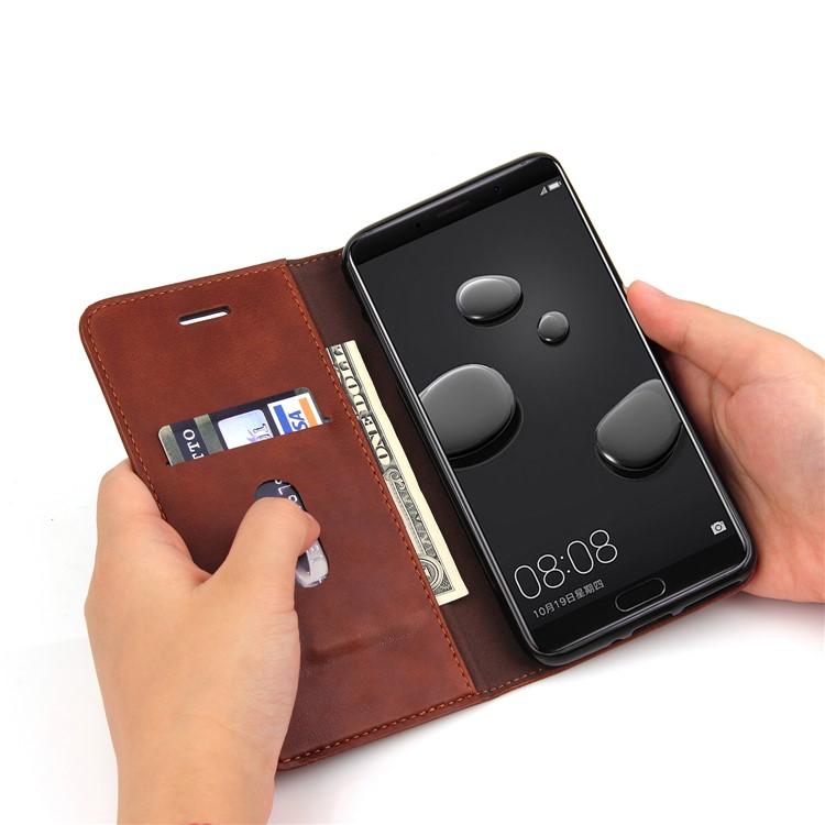 Auto-absorbed Retro Style Crazy Horse Leather Flip Stand Cell Phone Cover for Huawei Mate 10 Pro - Brown-8