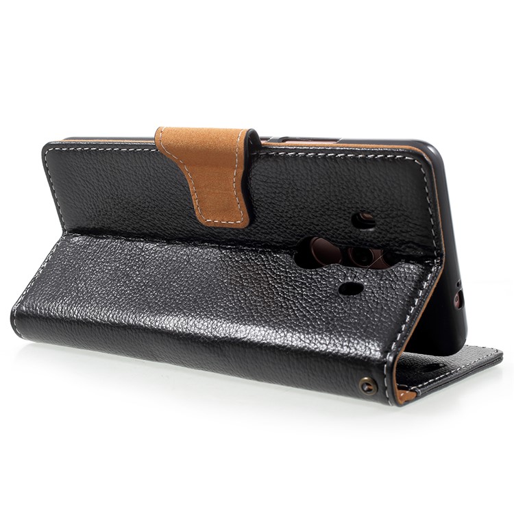 Litchi Skin Stand Wallet Genuine Leather Phone Case for Huawei Mate 10 Pro - Black-5