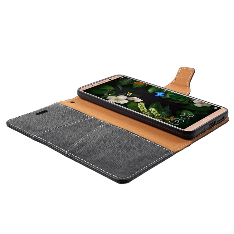 Litchi Skin Stand Wallet Genuine Leather Phone Case for Huawei Mate 10 Pro - Black-6