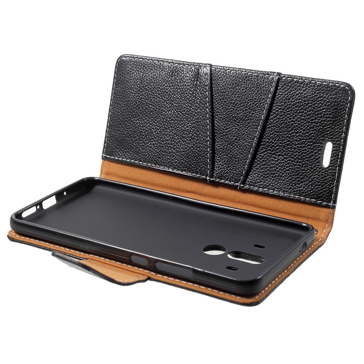 Litchi Skin Stand Wallet Genuine Leather Phone Case for Huawei Mate 10 Pro - Black-7