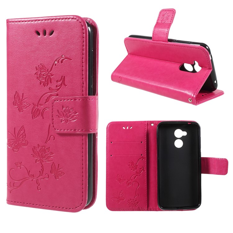 Imprint Butterfly and Flower Stand Wallet Leather Case for Huawei Honor 6A / 5C pro - Rose-1