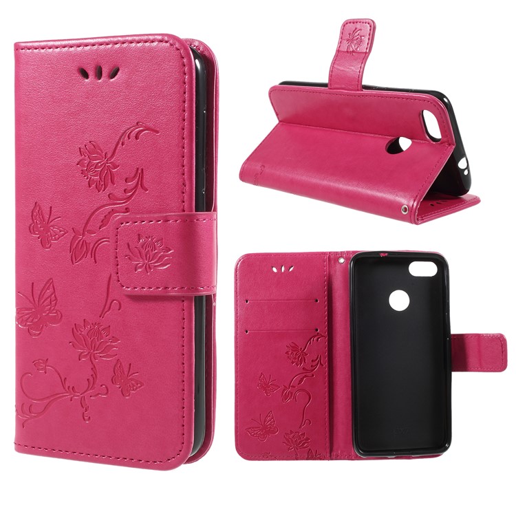 Imprint Butterfly and Flower PU Leather Case for Huawei Y6 Pro (2017)/Enjoy 7/P9 lite mini - Rose-1