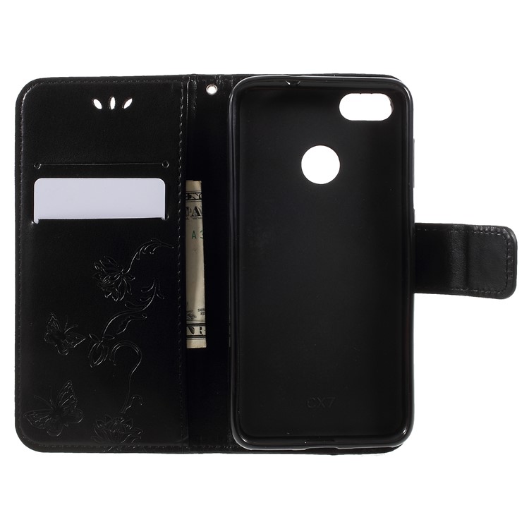 Imprint Butterfly and Flower PU Leather Cover for Huawei Y6 Pro (2017)/Enjoy 7/P9 lite mini - Black-6