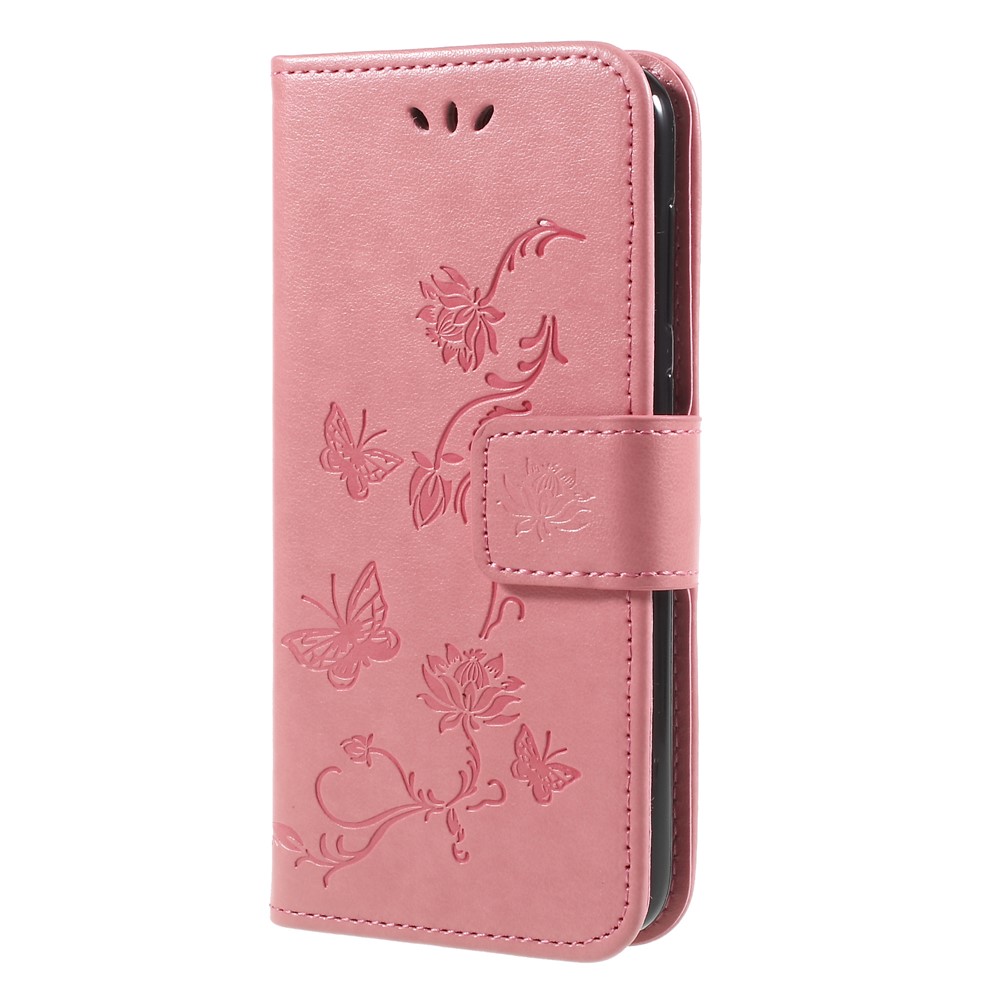 Impressão Butterfly e Flower PU Leather Wallet Case Para Huawei Y6 Pro (2017)/desfrute 7/P9 Lite Mini - Rosa